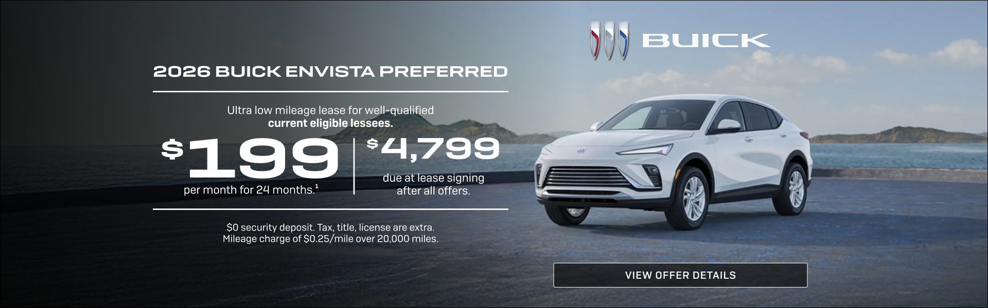 Ultra low mileage lease for well-qualified current eligible lessees.

$199 per month for 24 month...